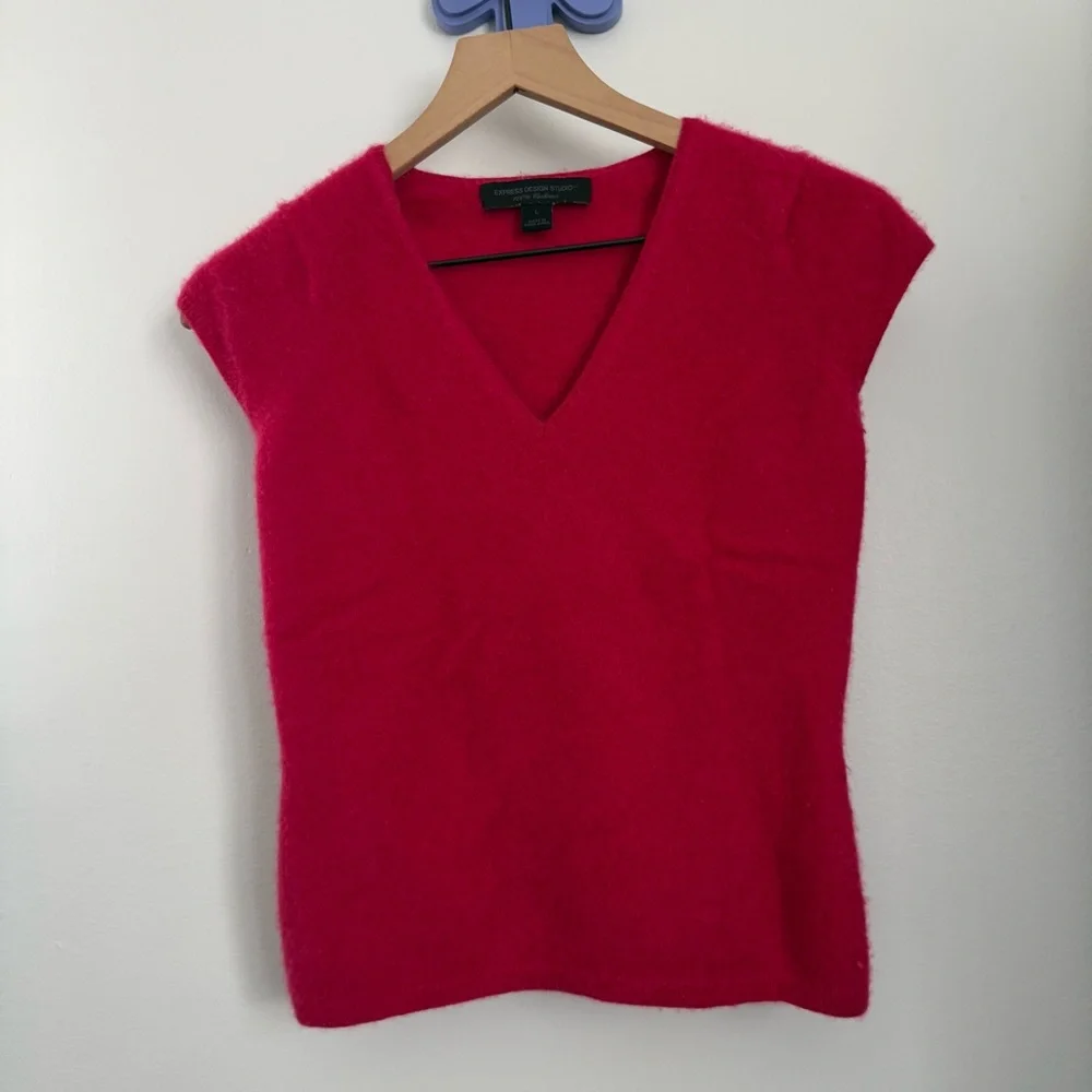 Express Large Y2K Cashmere V Neck Short‎ Sleeve Top Pink Preppy Office
